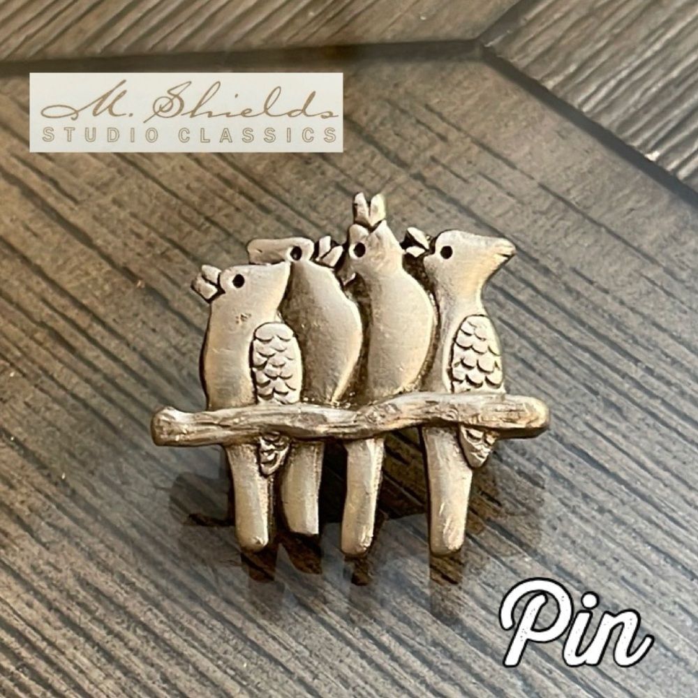 Pewter "4 Birds on Branch" Brooch Pin Signed Mark Shields